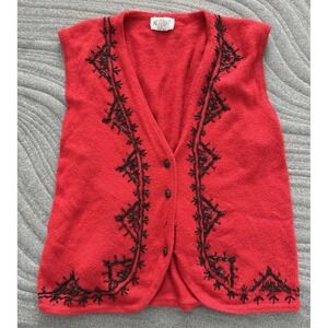 Vintage Koret Floral Beading Knit Sweater Vest Red Womens Large Acrylic *FLAW*